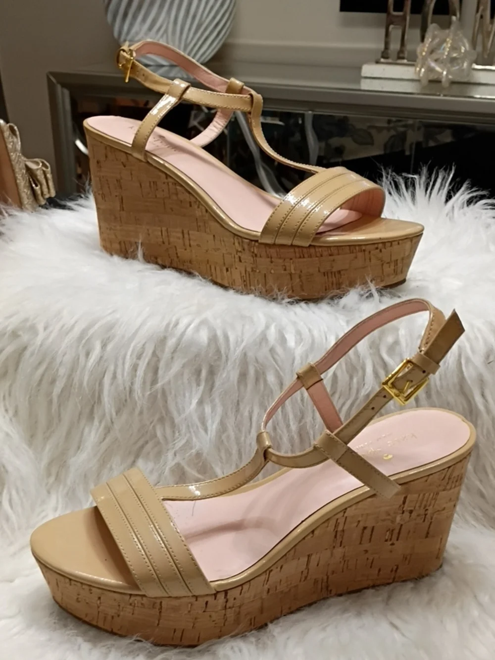 kate spade Tallin Nude Patent Leather Cork Wedge Sandals SZ 8